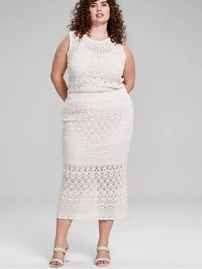 NWT And Now This Cream Cotton Crochet Pull On Midi Skirt 2X